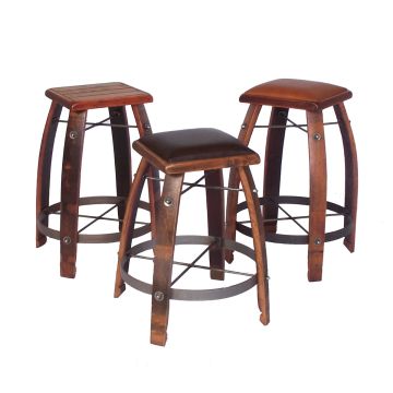 Rustic Reclaimed Wine Barrel Stave Stools - (L to R) Wood Seat, Chocolate Leather Seat, Tan Leather Seat) Pine Finish