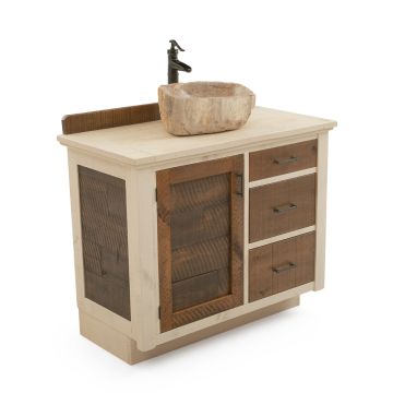 Rustic Antiqued Farmhouse Vanity - Custom Build - 36" Sink Center built with drawers.  Top drawer is faux so a vessel sink can be centered on the vanity. 
