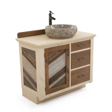 Rustic Antiqued Chevron Vanity - Weathered Gray - Custom Build - 36" Sink Center built with drawers.  Top drawer is faux so a vessel sink can be centered on the vanity. 