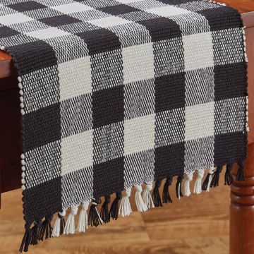 Rustic Black & Cream Checkered Fringe Table Runners