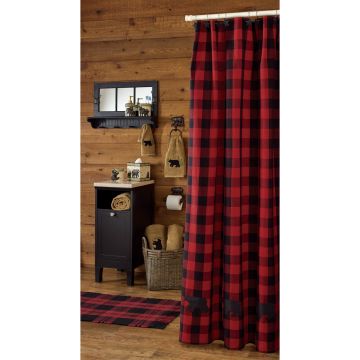 Rustic Buffalo Check Black Bear Fabric Shower Curtain