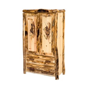 Carved Wildlife Aspen Log Armoire--Left bear scene, Right bear scene