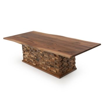 Rustic Stacked Wood Base Dining Table - Black Walnut Table Top - Natural Clear Finish