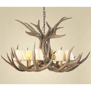 6 Light Mule Deer Antler Chandelier shown with optional shades (shades may vary in color)