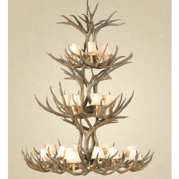 20 Light Mule Deer Antler Chandelier shown in Natural finish as well with optional rawhide shades