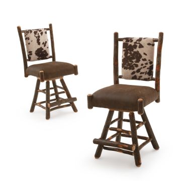 Saranac Hickory Upholstered Cowhide Straight Back Swivel Bar Stools