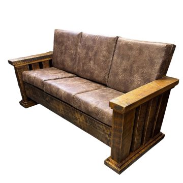 Sawmill Royal Timber Sofa, Shown in Antique Barnwod Finish with Tawny Bark Leather Fabric Cushions