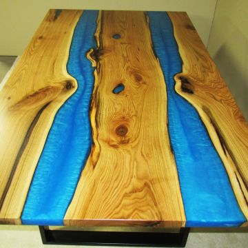 Butternut Blue Double River Slab Dining Table - Satin Finish