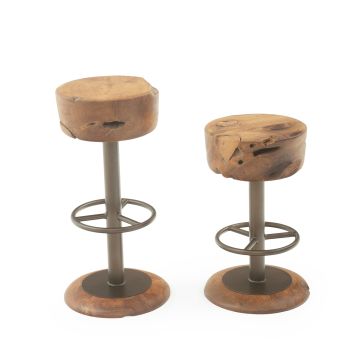 Rustic Round Metal Footrest Teak Stools