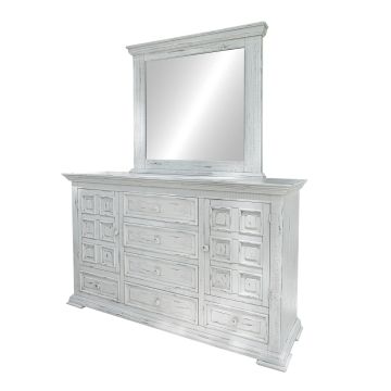 Terra Cottage White 6 Drawer Barnwood Wardrobe Dresser, Shown with Optional Dresser Mirror