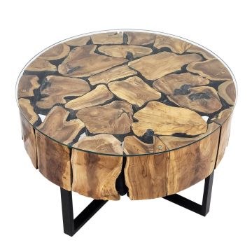 Urban Organic Chic Round Teak Glass Top Coffee Table