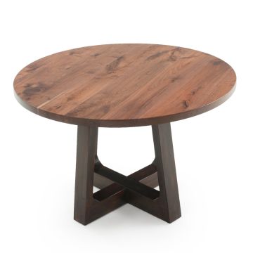Natural Wood Transitional Pedestal Dining Table - Flat Edge Black Walnut Table Top - Natural Clear Table Top Finish - Ebony Mahogany Table Base