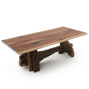 Twisted Trails Aged Juniper Log Dining Table - Live Edge Black Walnut Tabletop - Natural Clear Tabletop Finish - Rustic Barnwood Base Finish