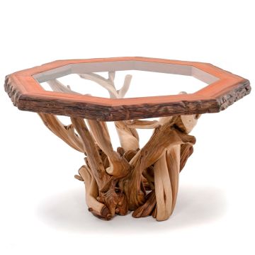 Twisted Trails Glass Top Juniper Log Dining Table - Octagon Redwood Top