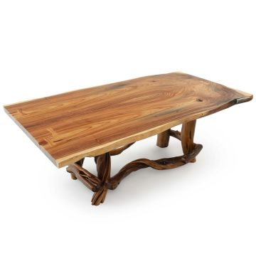 Twisted Trails Wrapped Juniper Natural Wood Dining Table - Live Edge Golden Walnut Tabletop - Natural Clear Tabletop Finish - Rustic Barnwood Base Finish