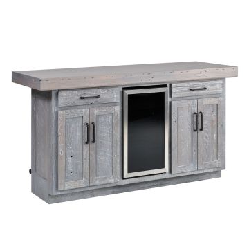 Rustic Reclaimed Barn Wood Barn Door Mini Fridge Bar - Back View - Pewter Finish - Optional Whitewash
