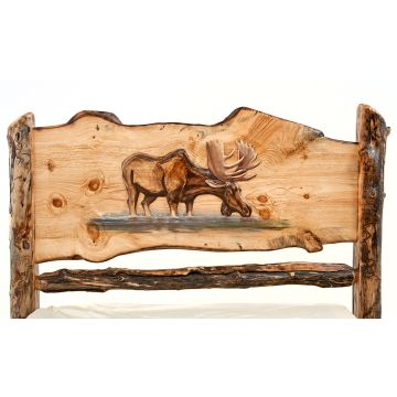 Drinking Bull Moose Carved Aspen Log Headboard