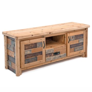 Laurel Hollow Multi-Color Log Entertainment Center - Natural Clear Finish - Metal Handles