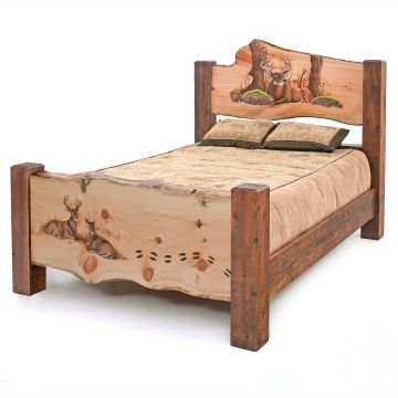 Sawmill Timber Frame Hand Carved Panel Bed - Hand Carved Footboard