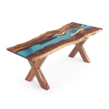 Great Lakes X Base Dining Table, Shown with Blue Epoxy