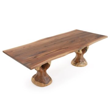 Modern Rustic Live Edge Tree Base Dining Table - Black Walnut Table Top - Natural Clear Finish