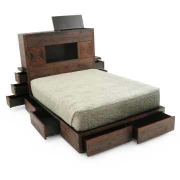 Ultimate Storage Reclaimed Platform Bed shown with 6 platform drawers (2 on each side and 2 in the footboard), 3 drawers on each side of the headboard, and 2 storage compartments in the top of the headboard.