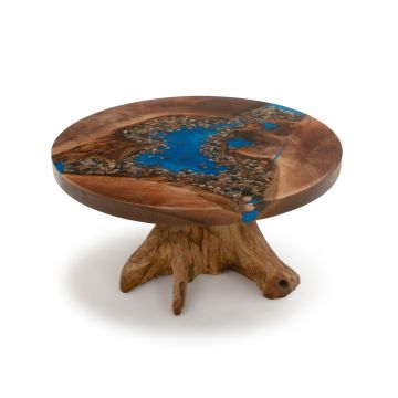River Ridge Coffee Table - Black Walnut Table Top - Teak Stump Table Base - Blue Pearl Epoxy 