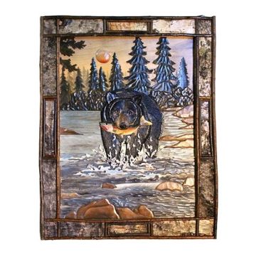 Black Bear and Fish in River Wood Art