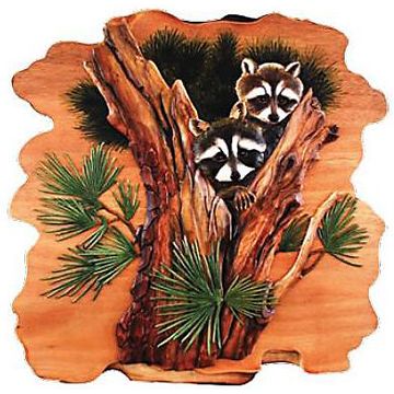 Raccoons in Pine Tree Wood Art