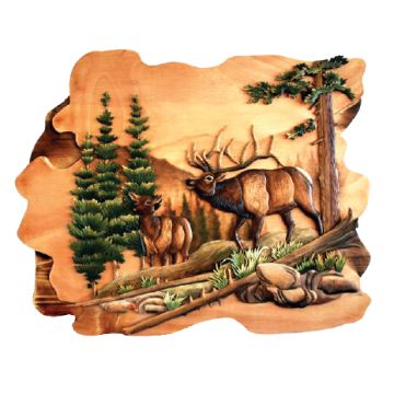 Elk Family by Lake Wood Art
