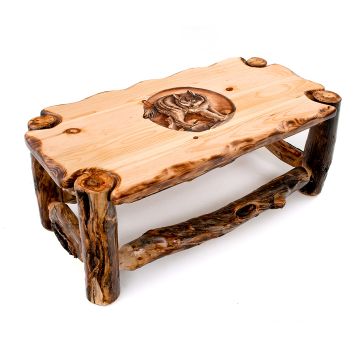Carved Aspen Wildlife Coffee Table--Clear Finish w/ Wolf Scene