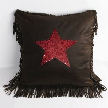 Cheyenne Red Tooled Leather Pillow with Star