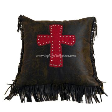 Cheyenne Red Tooled Leather Pillow with Cross