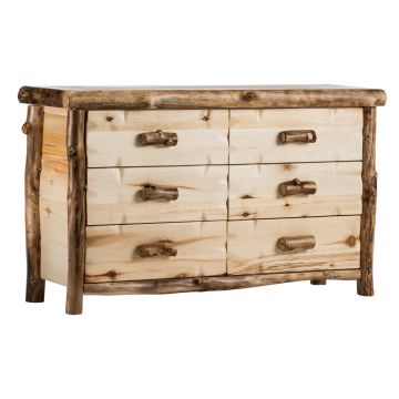 Yellowstone Aspen 6 Drawer Log Dresser--Flat drawer fronts, Clear finish, Light aspen, Standard logs