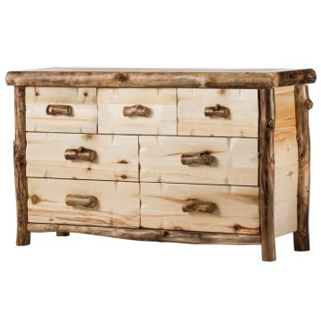 Yellowstone Aspen 7 Drawer Log Dresser--Flat drawer fronts, Clear finish, Light aspen, Standard logs