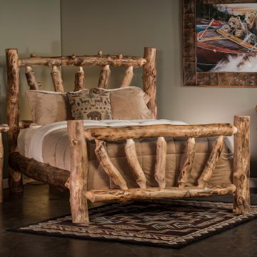 Aspen Log Sunburst Queen Bed--Clear finish, Light aspen, Standard logs, 5-6" corner log posts, Single side rails