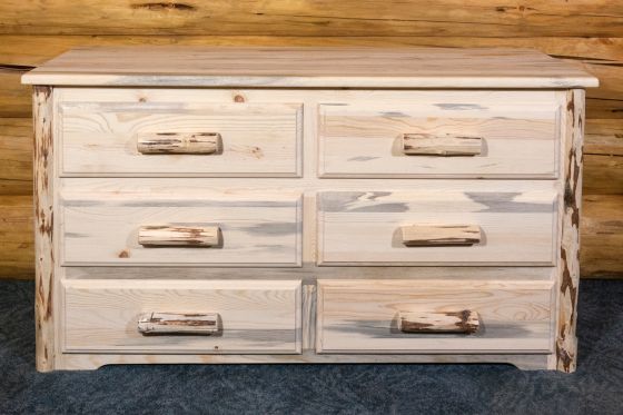 Montana 6 Drawer Log Dresser - Flat Drawer Fronts - Clear Finish - Log Pulls