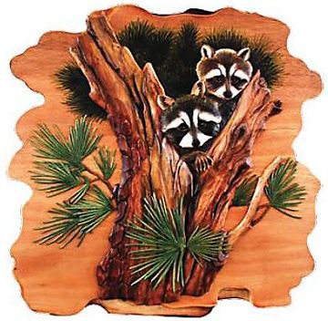 Raccoons in Pine Tree Wood Art