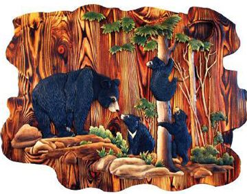 Black Bear and Cubs in Forest Wood Art