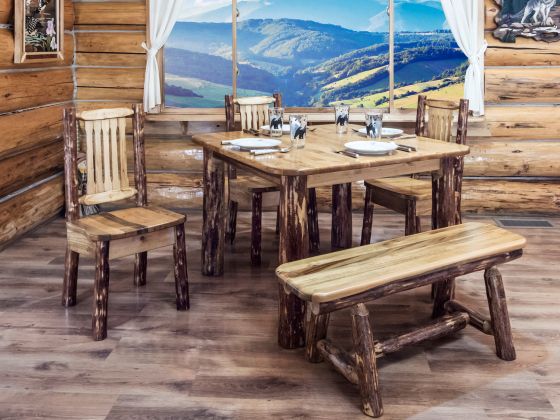 Rustic Pine 4 Post Log Kitchen Table with Side Chairs and Plank Style Bench