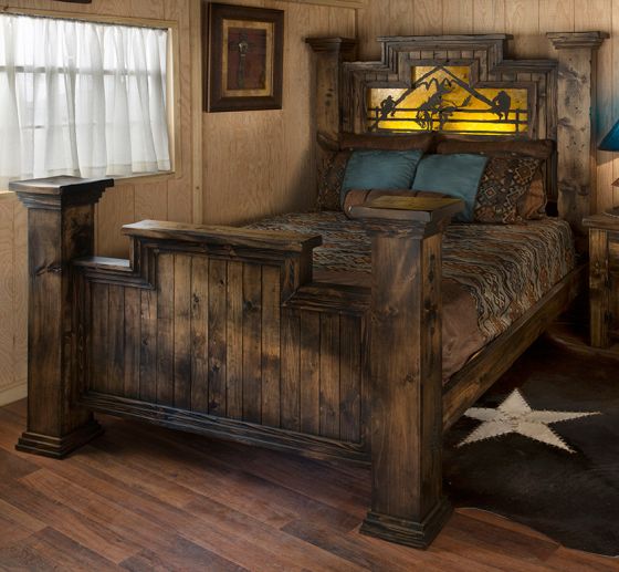 Wild Woods Weathered Timber Bed--Queen, Bucking Bronco bed scene