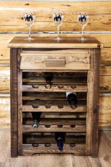 Homestead Rough Sawn Wine Rack Cabinet - Contoured Wood Pulls