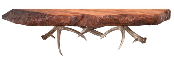 Rustic Live Edge Antler Wall Shelf--Redwood