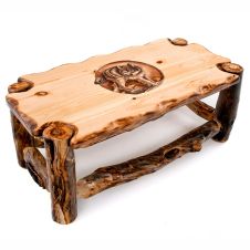 Carved Aspen Wildlife Coffee Table--Clear Finish w/ Wolf Scene