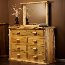 Cedar Lake Lodge 8 Drawer Log Dresser--Clear finish, Landscape dresser mirror
