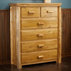 Cedar Lake Cabin 6 Drawer Log Highboy Chest--Honey finish, Flat drawer fronts