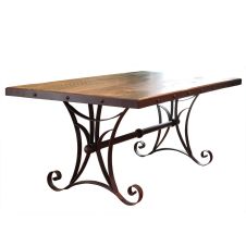Antique Forged Iron Barnwood Dining Table, With hand-wrought iron base