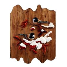 Chickadees and Snow Covered Berries Wood Art
