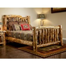 Snowbent Aspen Log Bed--Light aspen, Standard logs, Clear finish, Standard rail footboard, character log posts