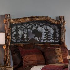 Beaver Creek Aspen Log Metal Insert Headboard--Dark aspen, Standard logs, 5-6" diameter corner posts, Clear finish, Moose scene